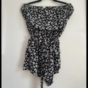 Floral and black print strapless romper with detachable belt tie
